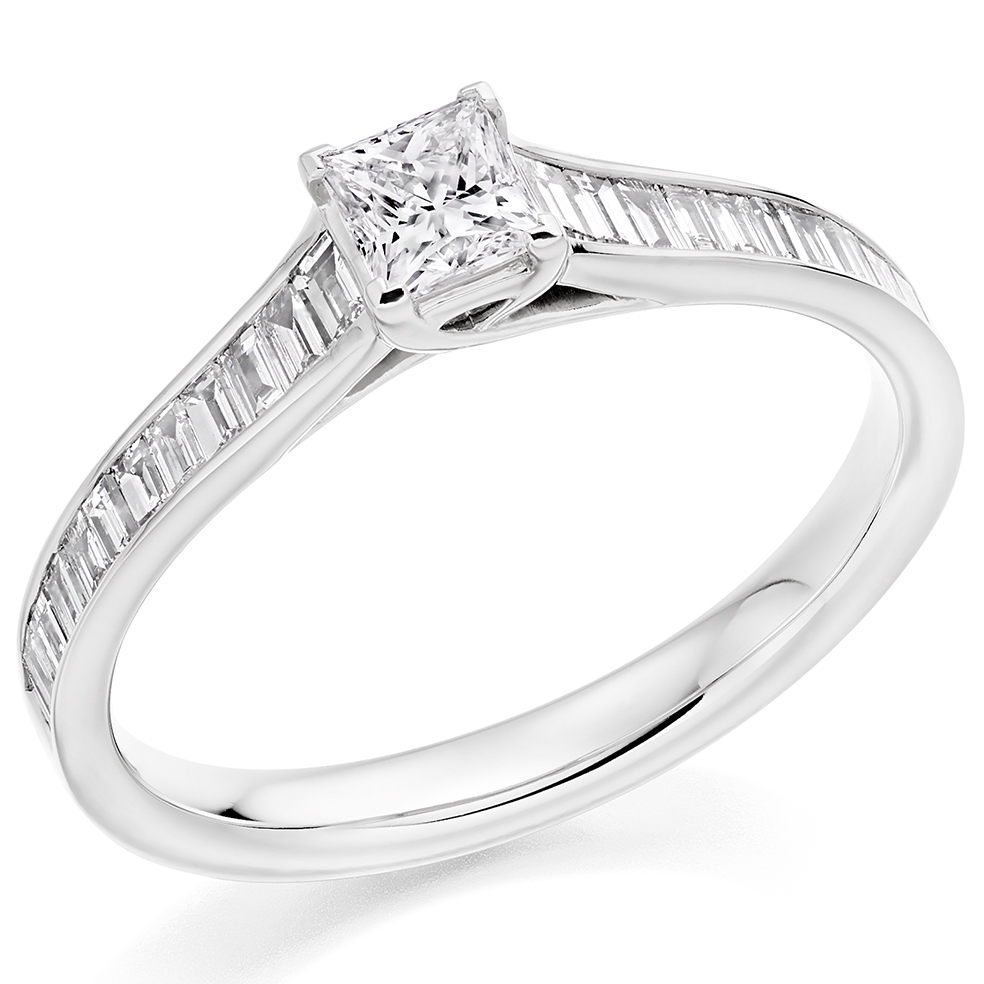 Image of White Gold Princess Cut Solitaire with Diamond Set Shoulders Engagement Ring