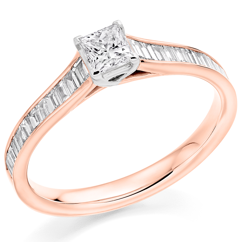 Image of Rose Gold Princess Cut Solitaire with Diamond Set Shoulders Engagement Ring