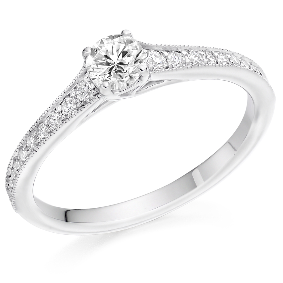Image of White Gold Round Brilliant Solitaire with Diamond Set Shoulders Engagement Ring