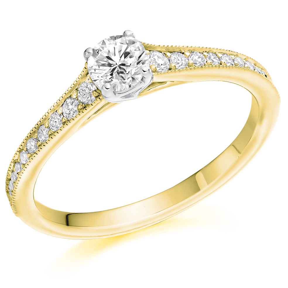Image of Yellow Gold Round Brilliant Solitaire with Diamond Set Shoulders Engagement Ring