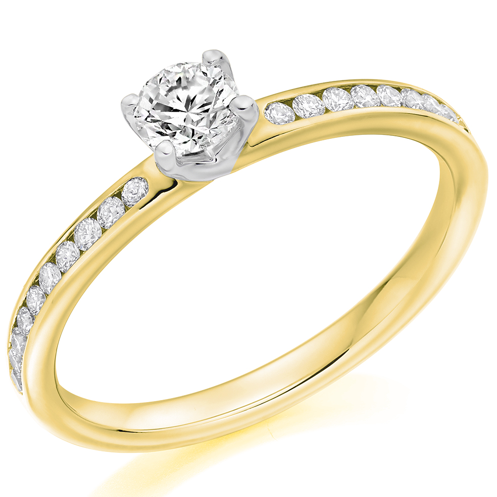 Image of Yellow Gold Round Brilliant Solitaire with Diamond Set Shoulders Engagement Ring