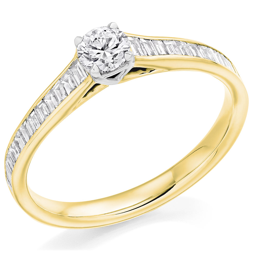 Image of Yellow Gold Round Brilliant Solitaire with Diamond Set Shoulders Engagement Ring