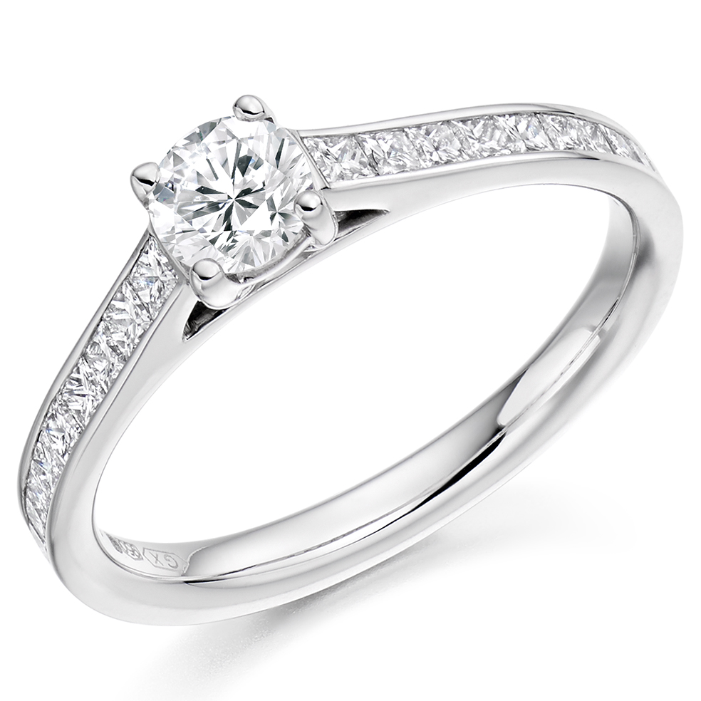 Image of Platinum Round Brilliant Solitaire with Diamond Set Shoulders Engagement Ring
