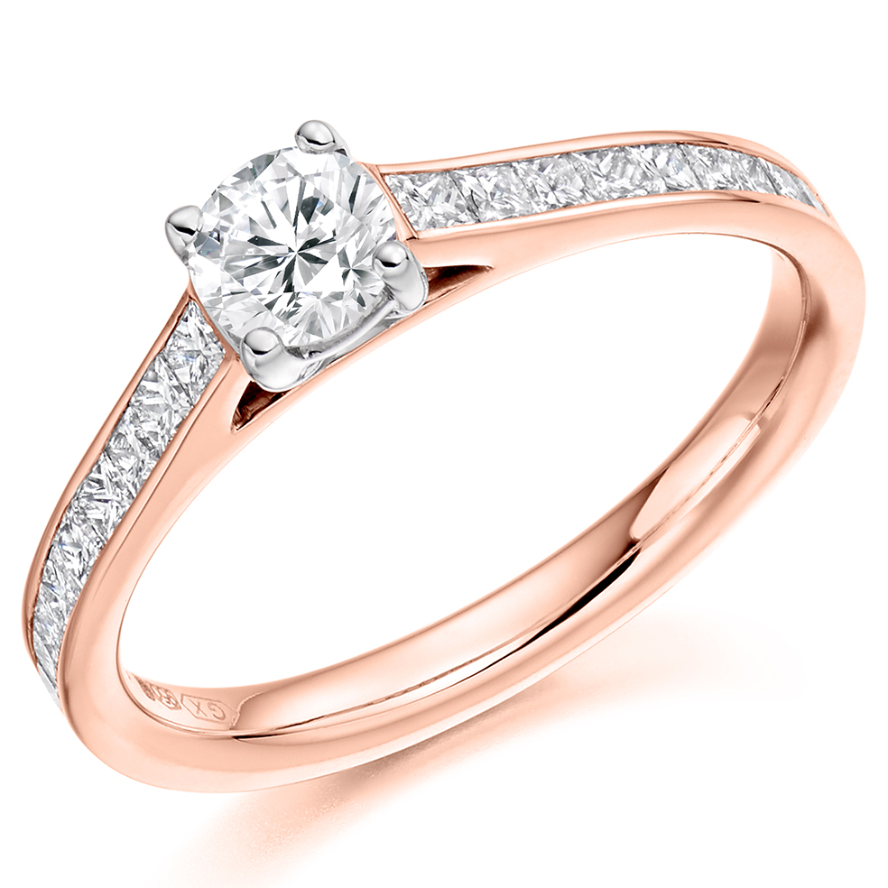 Image of Rose Gold Round Brilliant Solitaire with Diamond Set Shoulders Engagement Ring