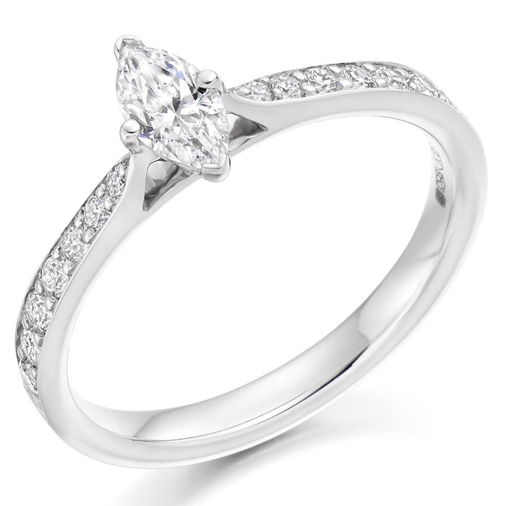 Image of Platinum Marquise Cut Solitaire with Diamond Set Shoulders Engagement Ring