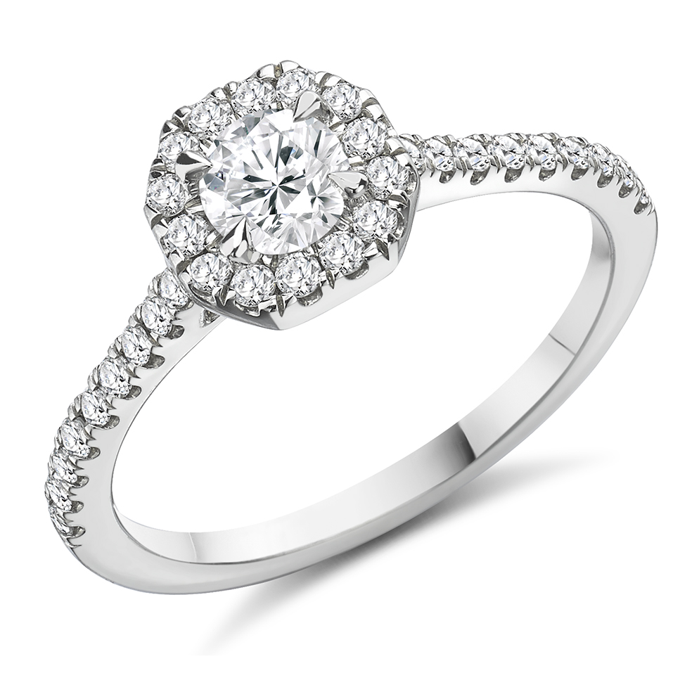 Image of Platinum Round Brilliant Halo with Diamond Set Shoulders Engagement Ring