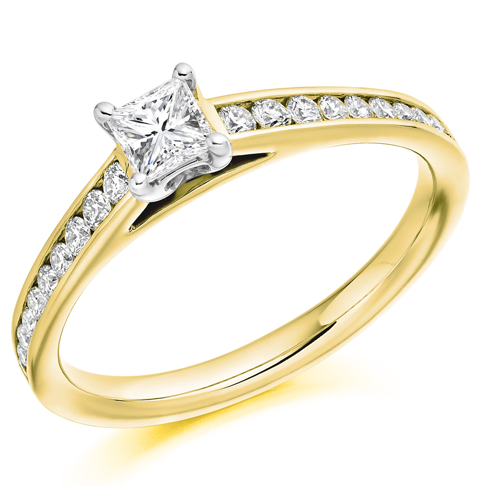 Image of Yellow Gold Princess Cut Solitaire with Diamond Set Shoulders Engagement Ring