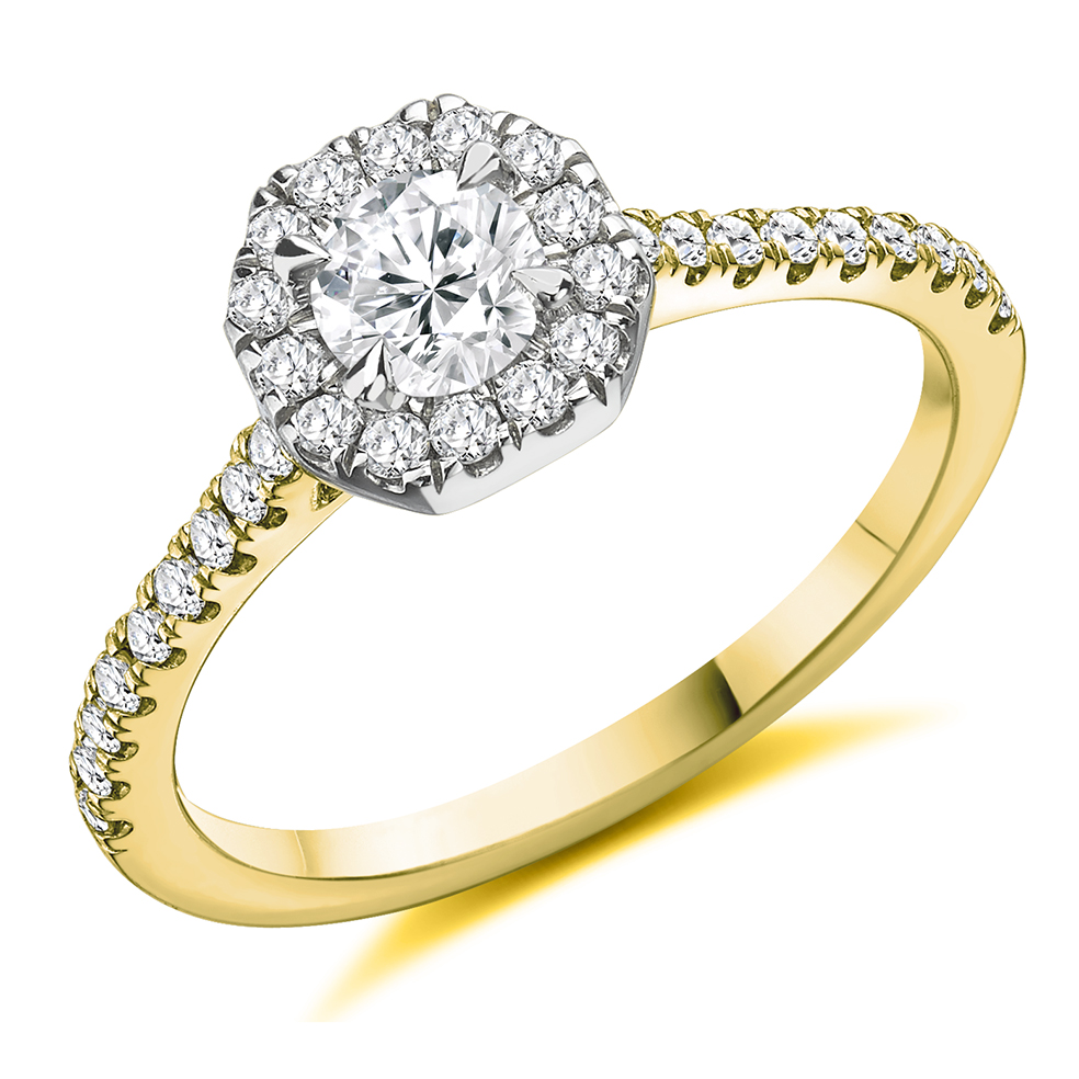 Image of Yellow Gold Round Brilliant Halo with Diamond Set Shoulders Engagement Ring