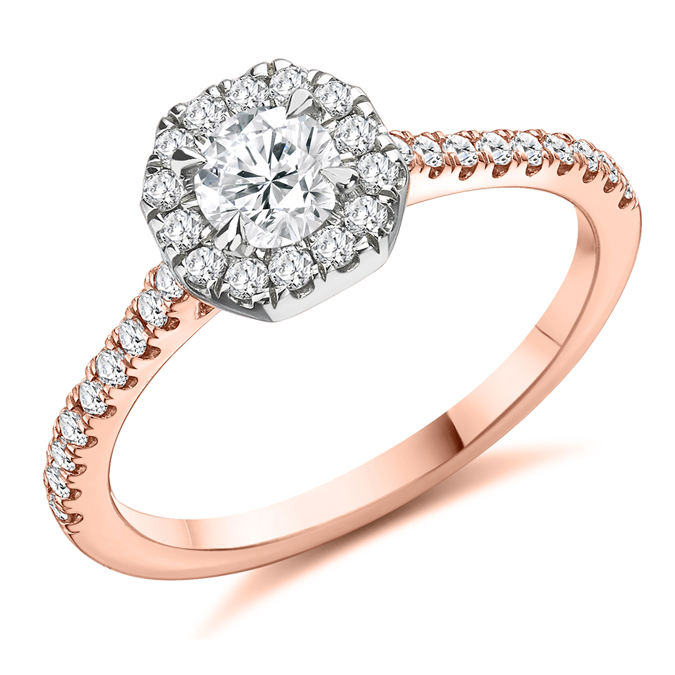 Image of Rose Gold Round Brilliant Halo with Diamond Set Shoulders Engagement Ring