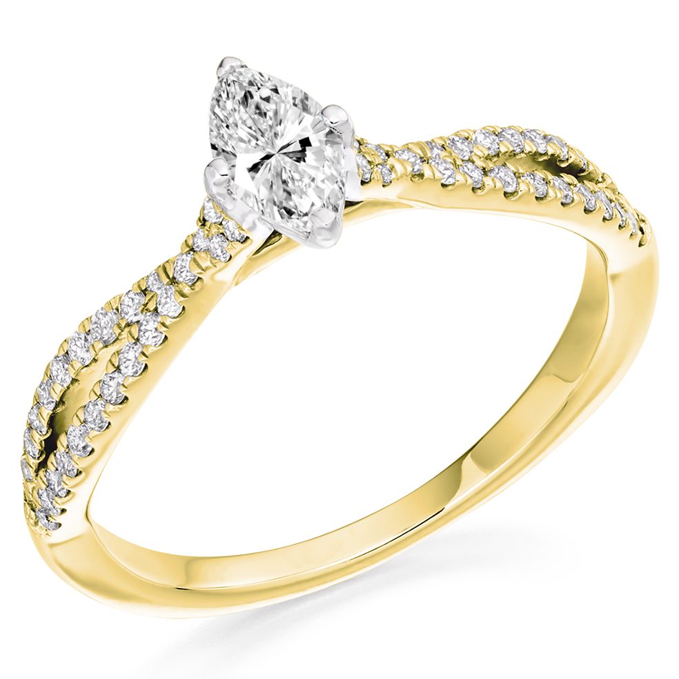 Image of Yellow Gold Marquise Cut Solitaire with Diamond Set Shoulders Split Shoulders Engagement Ring