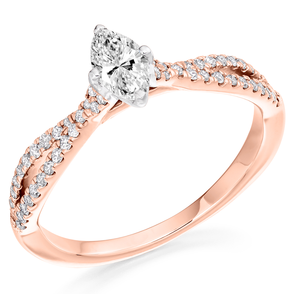 Image of Rose Gold Marquise Cut Solitaire with Diamond Set Shoulders Split Shoulders Engagement Ring