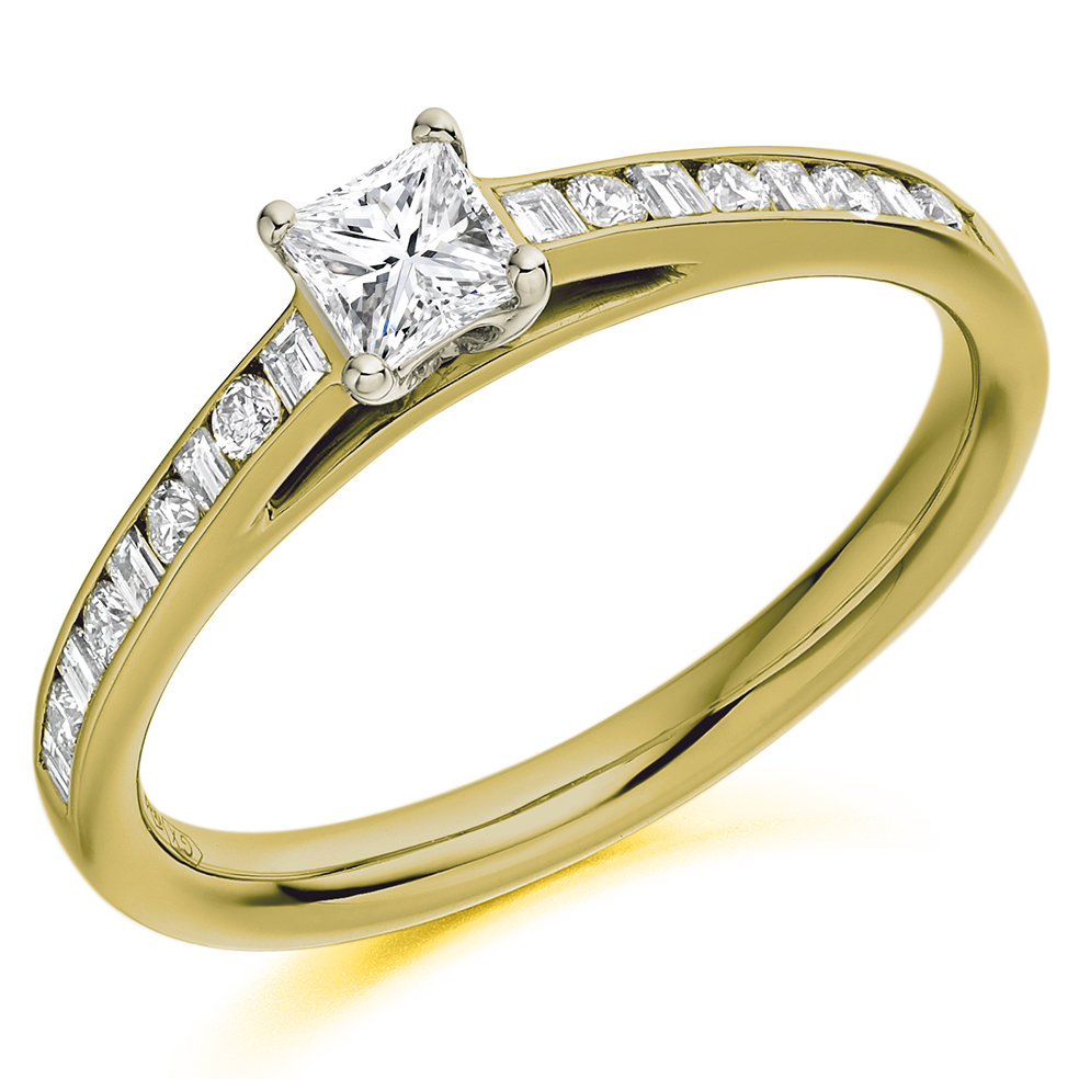 Image of Yellow Gold Princess Cut Solitaire with Diamond Set Shoulders Engagement Ring