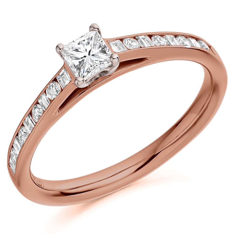 Image of Rose Gold Princess Cut Solitaire with Diamond Set Shoulders Engagement Ring
