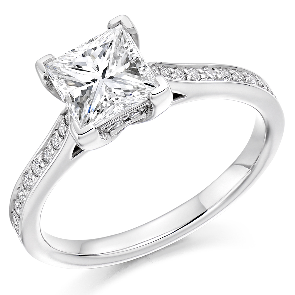 Image of Platinum Princess Cut Solitaire with Diamond Set Shoulders Engagement Ring