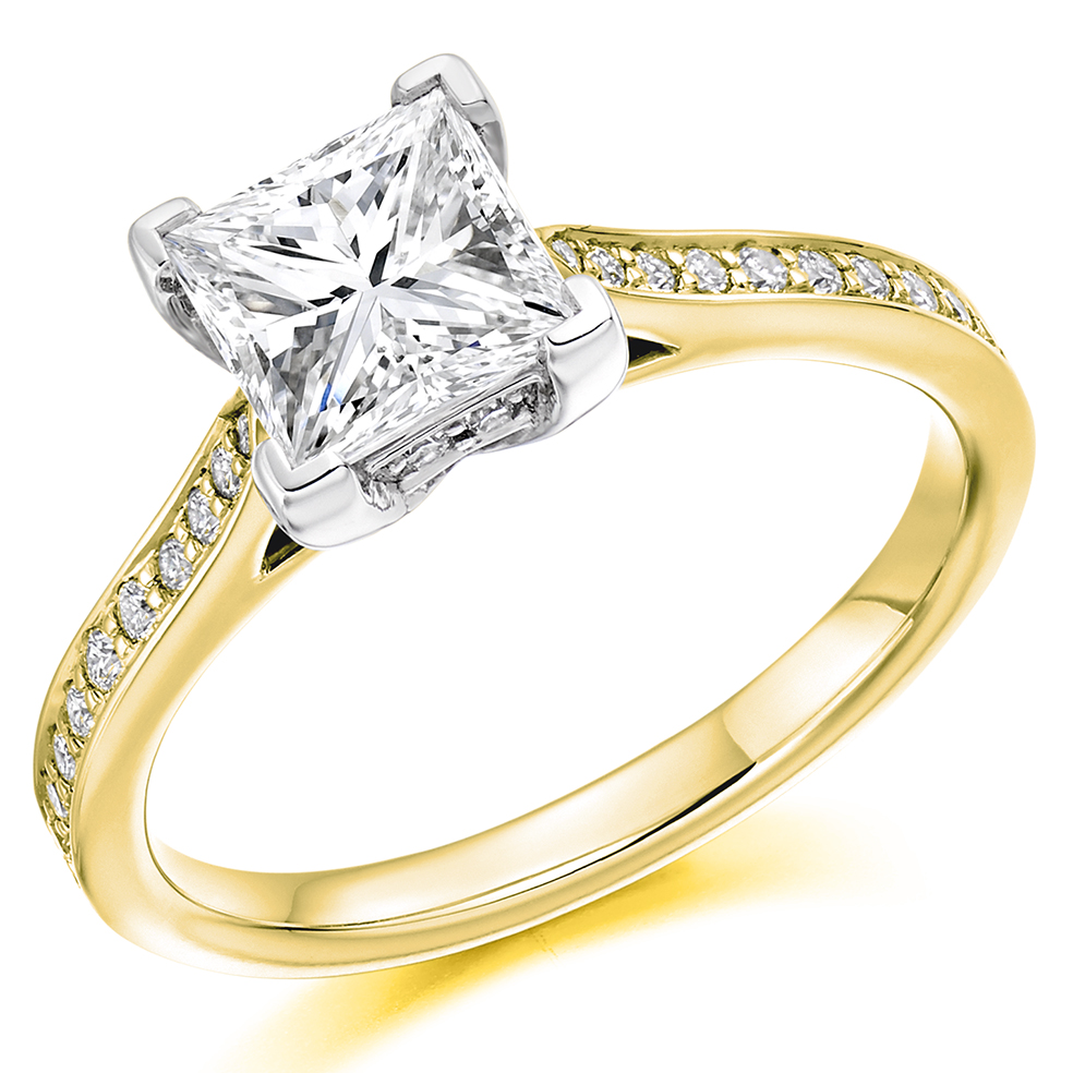 Image of Yellow Gold Princess Cut Solitaire with Diamond Set Shoulders Engagement Ring