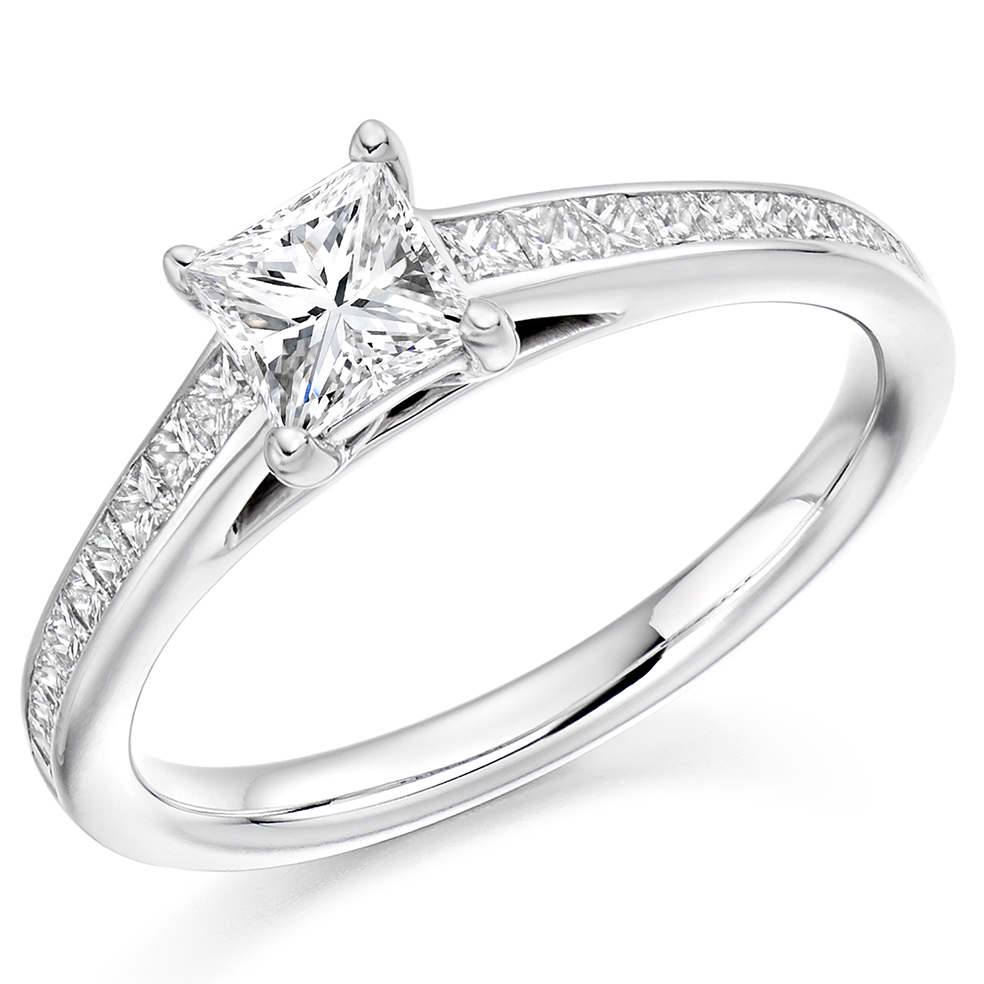 Image of Platinum Princess Cut Solitaire with Diamond Set Shoulders Engagement Ring