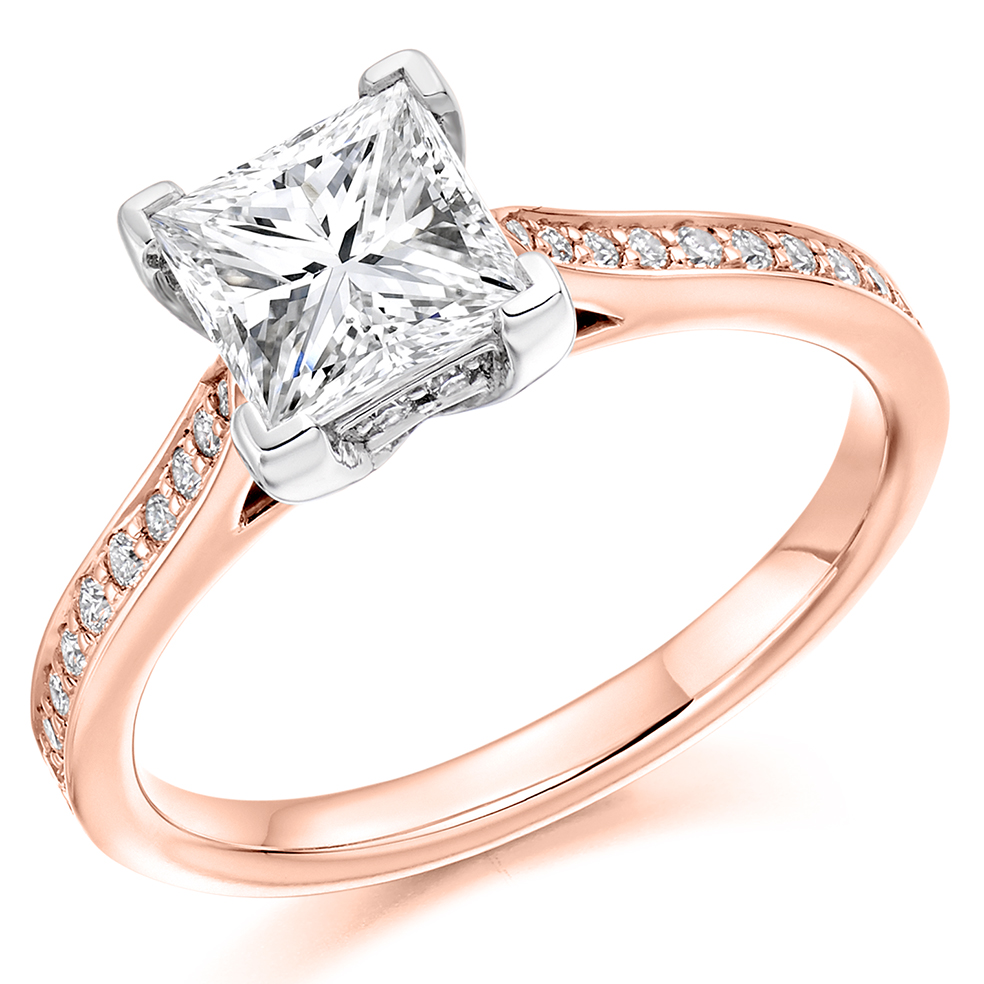 Image of Rose Gold Princess Cut Solitaire with Diamond Set Shoulders Engagement Ring