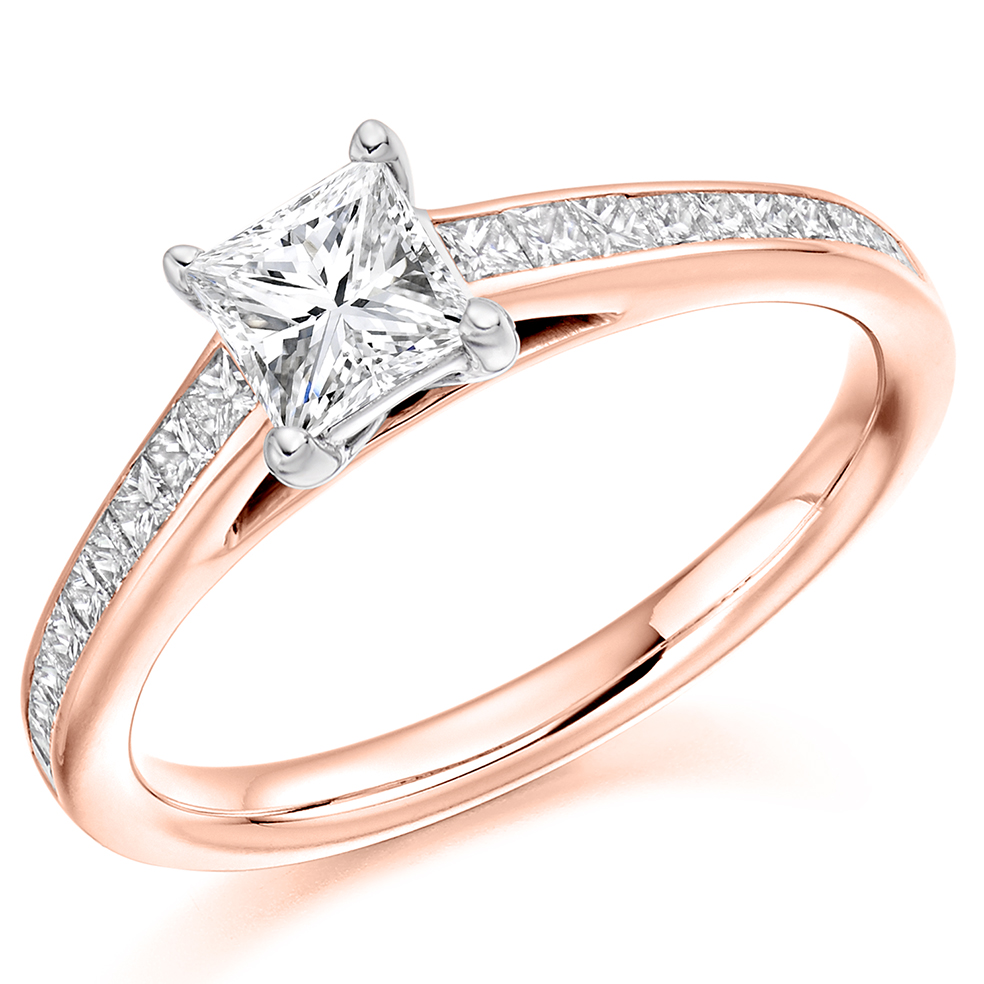 Image of Rose Gold Princess Cut Solitaire with Diamond Set Shoulders Engagement Ring