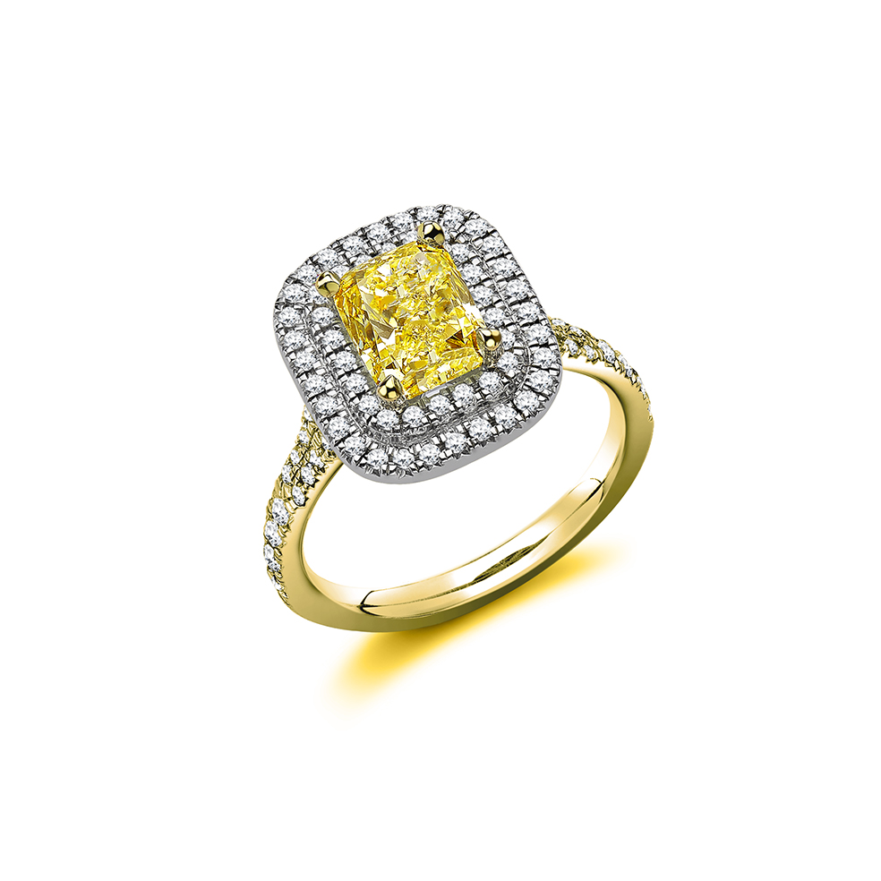 Image of Yellow Gold Radiant Cut Halo with Diamond Set Shoulders Split Shoulders Engagement Ring
