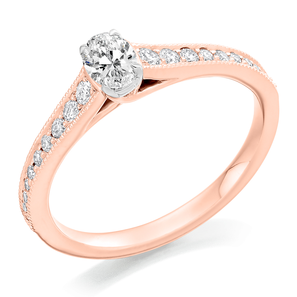 Image of Rose Gold Oval Cut Solitaire with Diamond Set Shoulders Engagement Ring