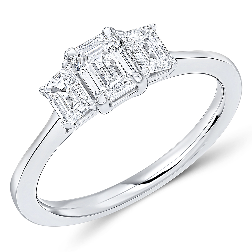 Image of Platinum Emerald Cut Trilogy Set with Plain Shoulders Trilogy Ring