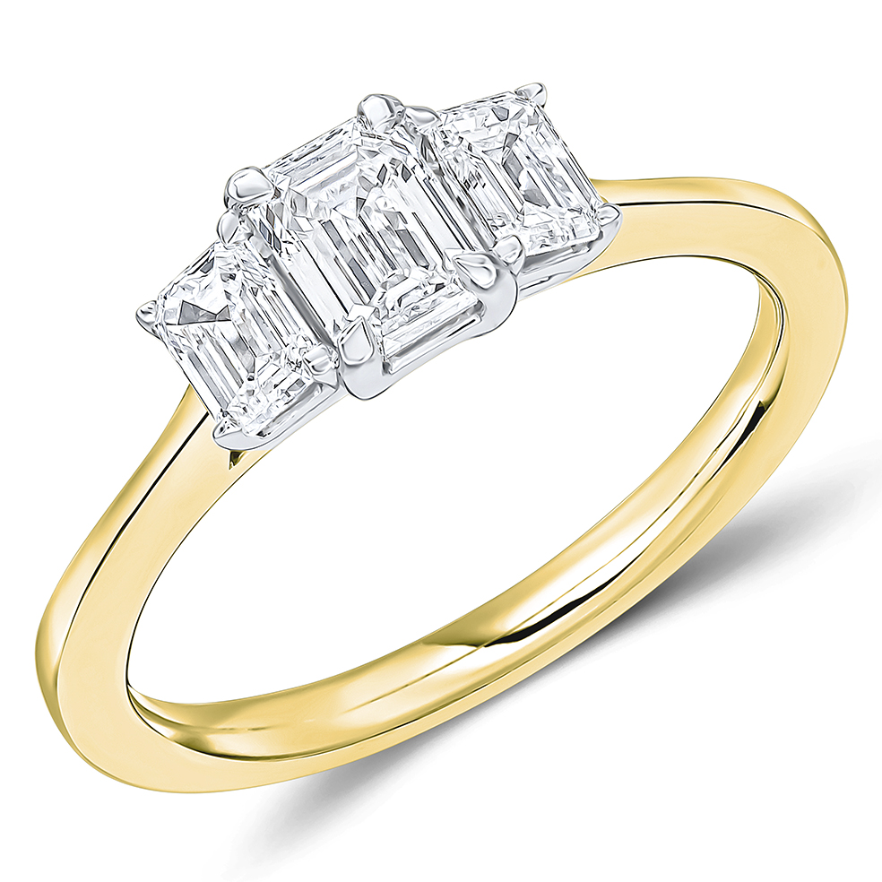 Image of Yellow Gold Emerald Cut Trilogy Set with Plain Shoulders Trilogy Ring