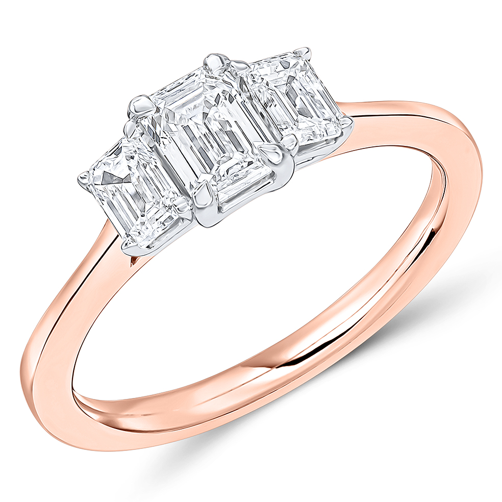 Image of Rose Gold Emerald Cut Trilogy Set with Plain Shoulders Trilogy Ring
