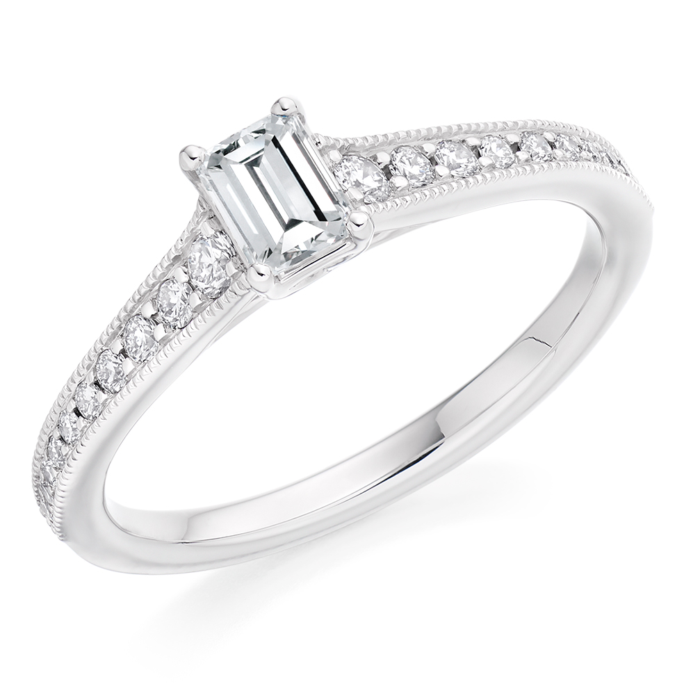 Image of Platinum Emerald Cut Solitaire with Diamond Set Shoulders Engagement Ring