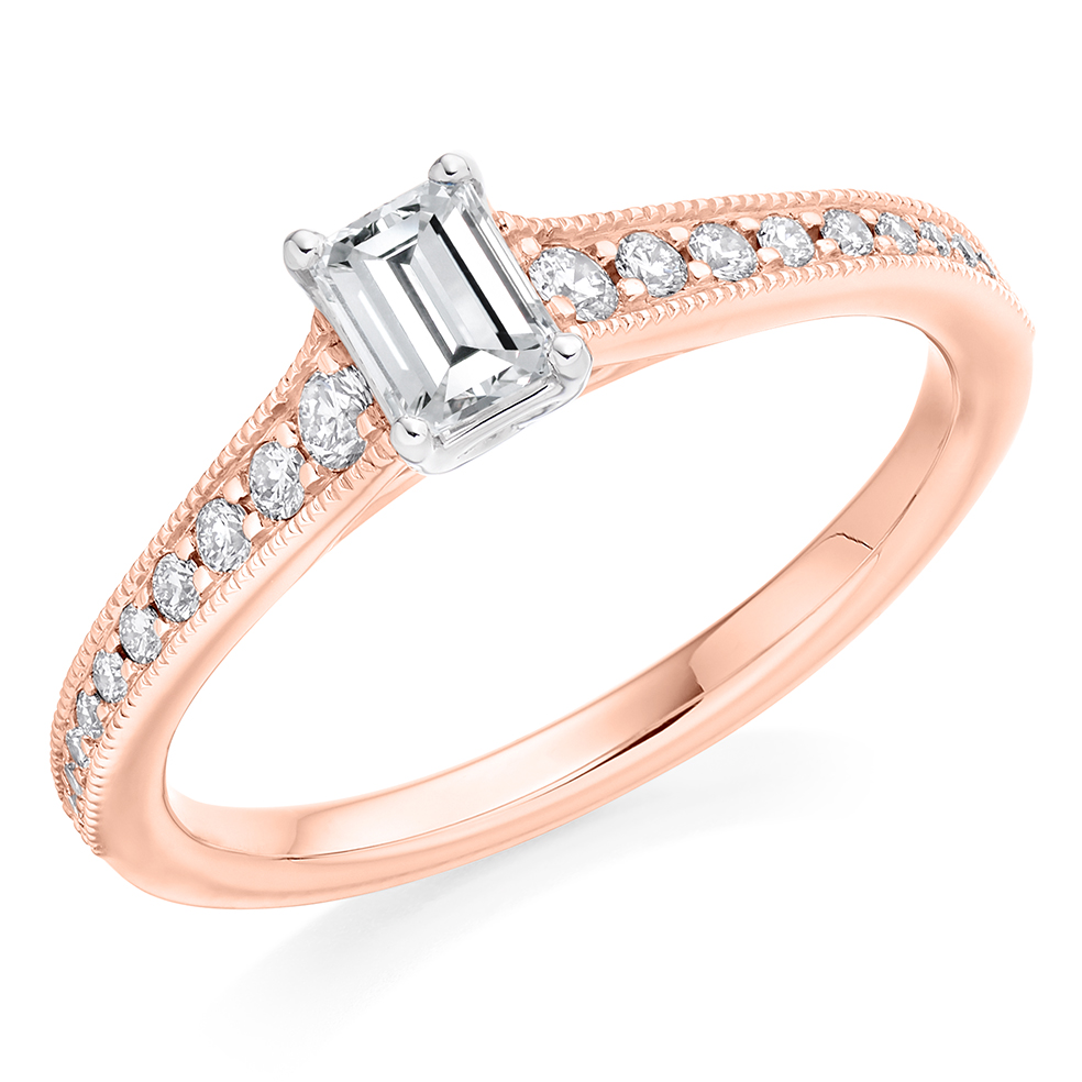 Image of Rose Gold Emerald Cut Solitaire with Diamond Set Shoulders Engagement Ring