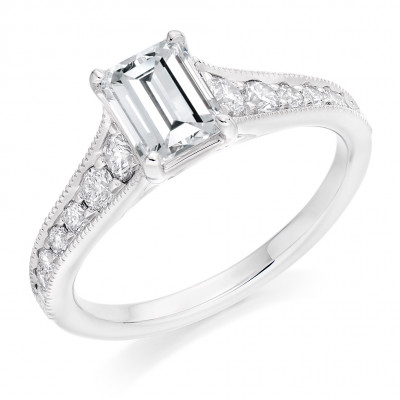 Emerald Cut Solitaire with Diamond Set Shoulders Engagement Ring Metal Image