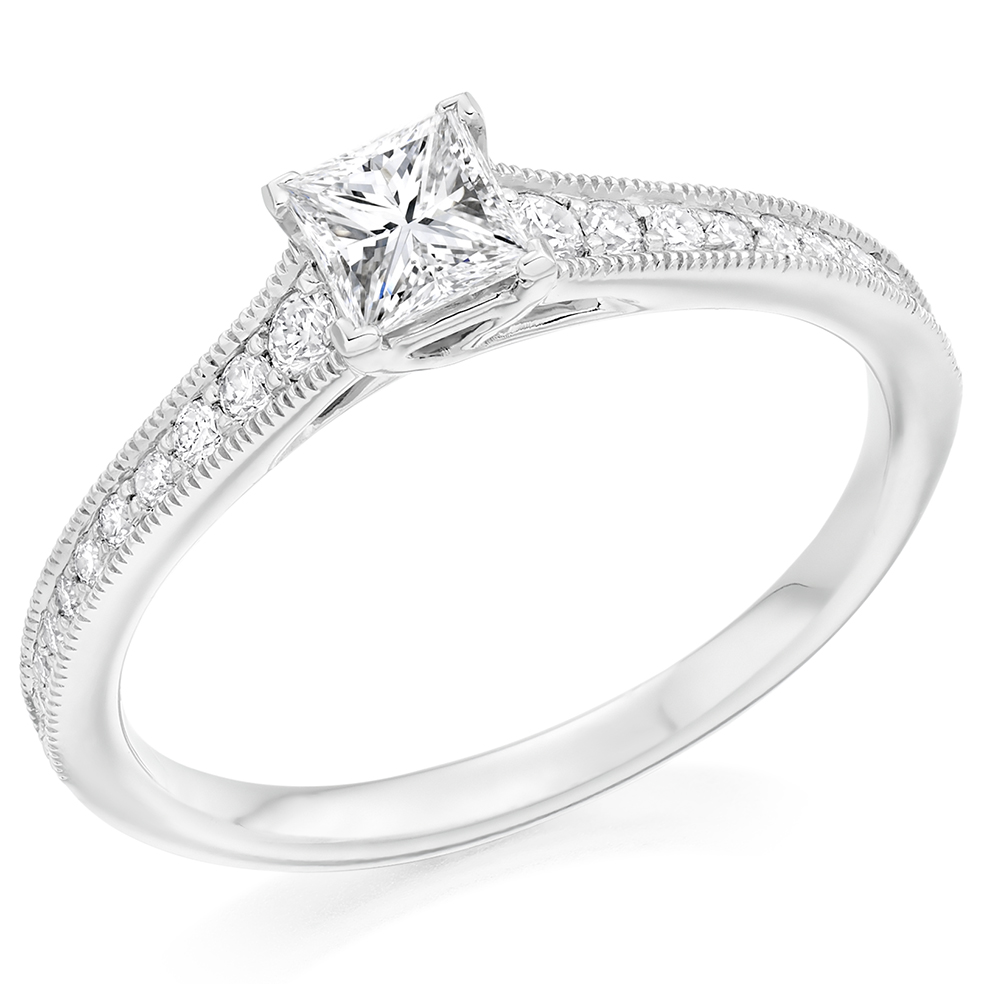 Princess Cut Solitaire with Diamond Set Shoulders Engagement Ring Image