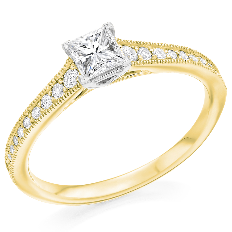 Image of Yellow Gold Princess Cut Solitaire with Diamond Set Shoulders Engagement Ring