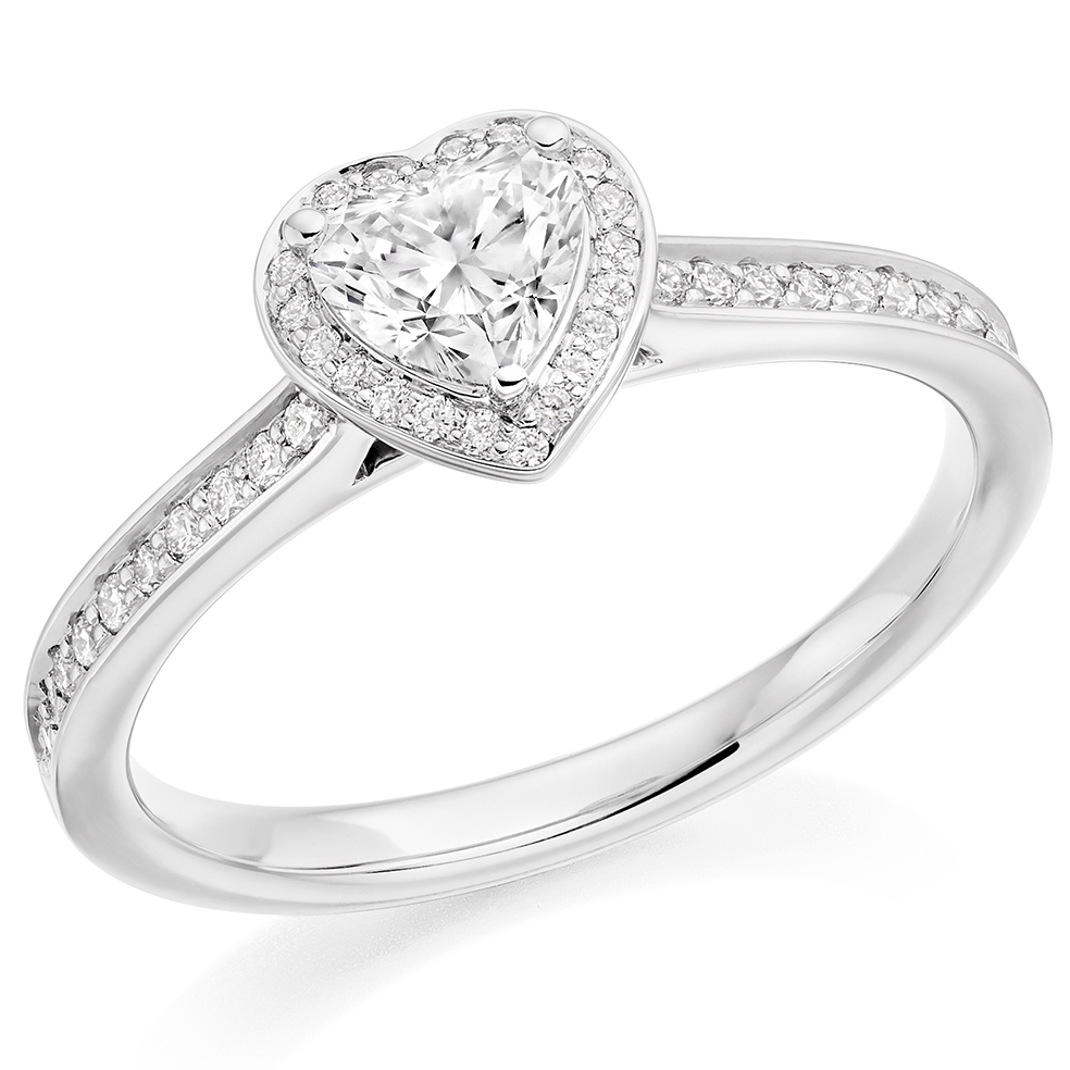 Image of Platinum Heart Cut Halo with Diamond Set Shoulders Engagement Ring