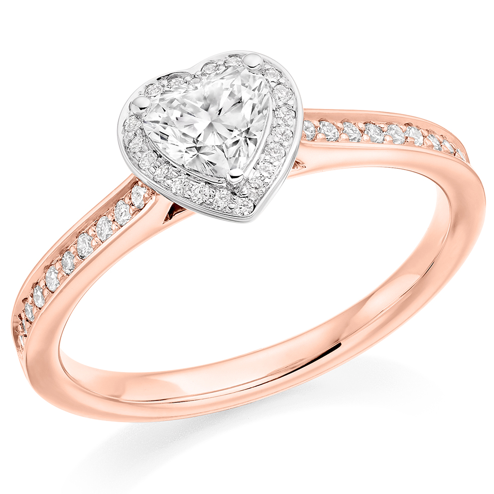 Image of Rose Gold Heart Cut Halo with Diamond Set Shoulders Engagement Ring