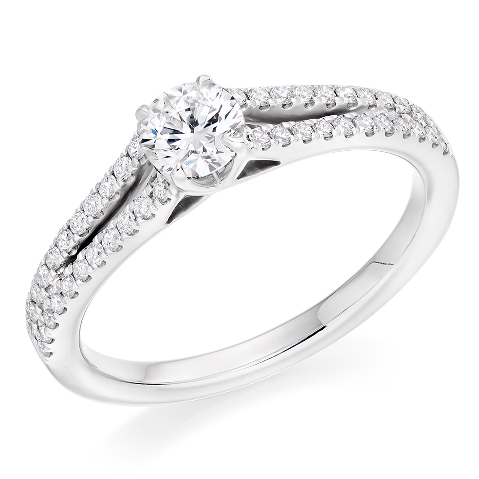 Image of Platinum Round Brilliant Solitaire with Diamond Set Shoulders Split Shoulders Engagement Ring