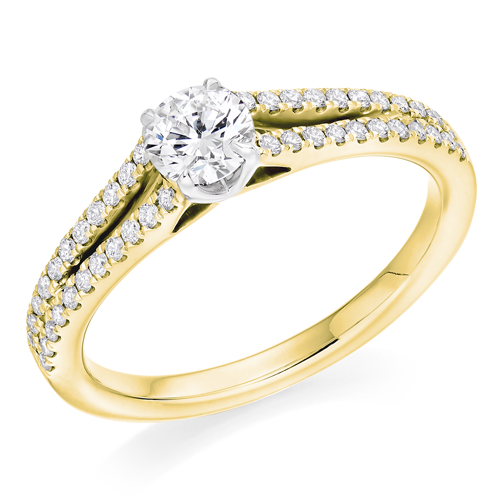 Image of Yellow Gold Round Brilliant Solitaire with Diamond Set Shoulders Split Shoulders Engagement Ring