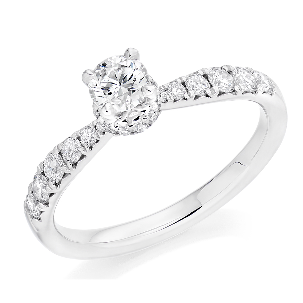 Image of Platinum Round Brilliant Solitaire with Diamond Set Shoulders Engagement Ring