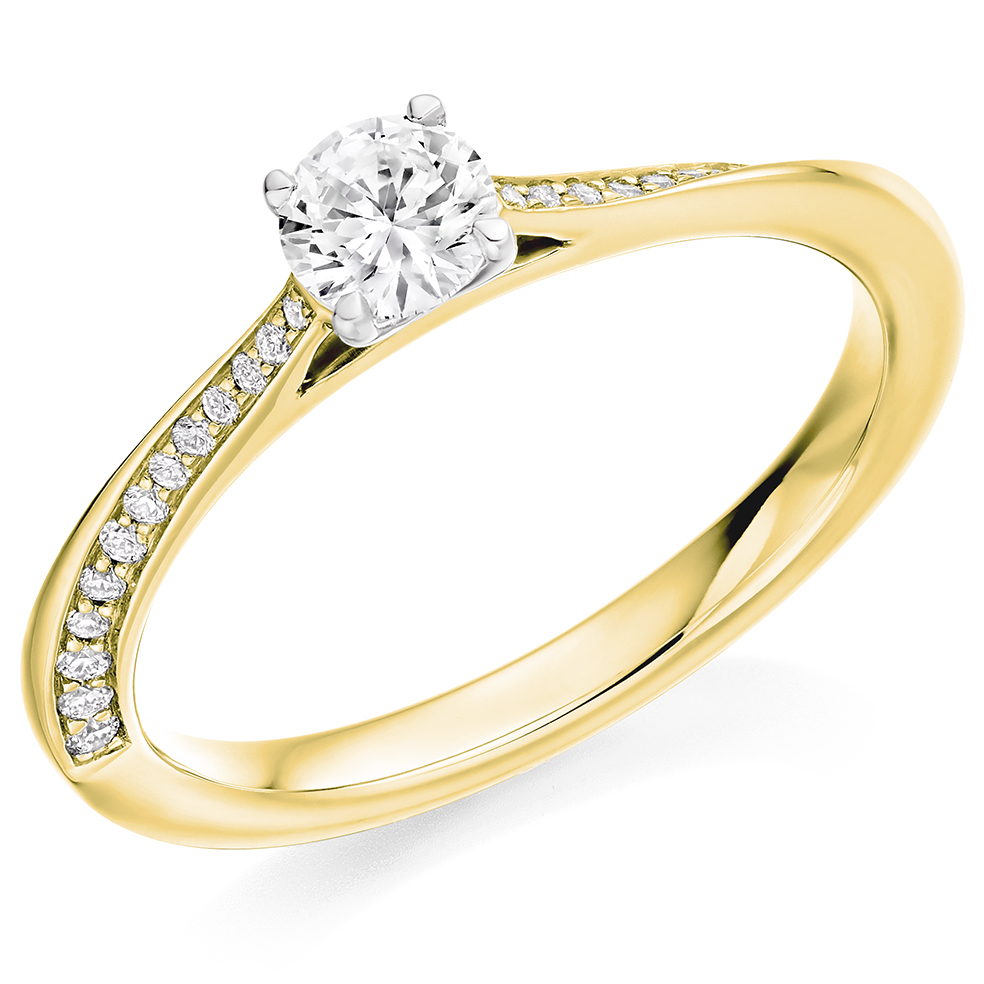Image of Yellow Gold Round Brilliant Solitaire with Diamond Set Shoulders Engagement Ring
