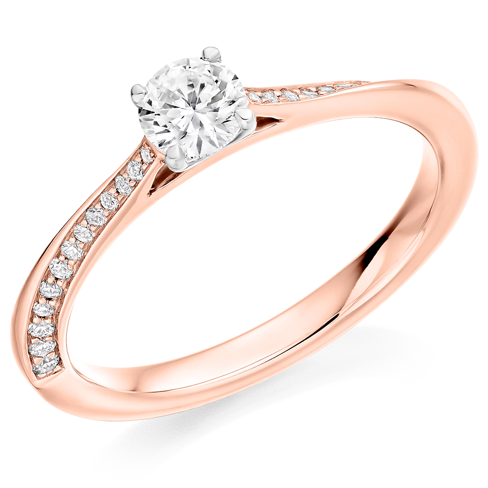 Image of Rose Gold Round Brilliant Solitaire with Diamond Set Shoulders Engagement Ring