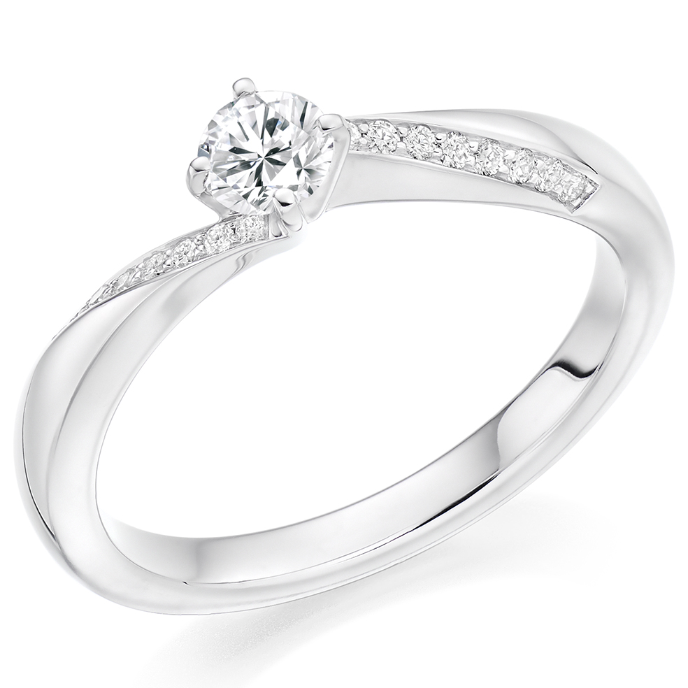 Image of Platinum Round Brilliant Solitaire with Diamond Set Shoulders Engagement Ring