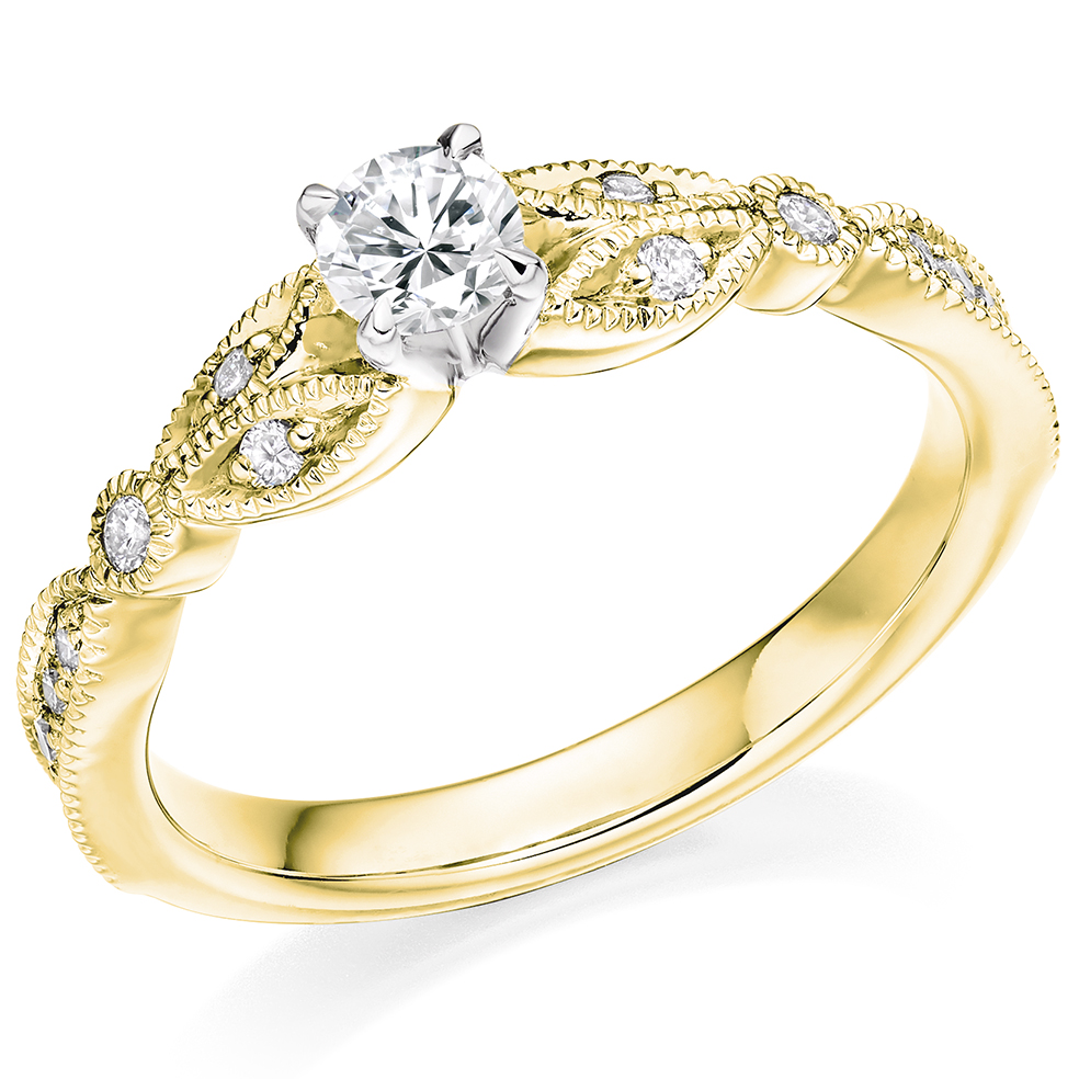 Image of Yellow Gold Round Brilliant Solitaire with Diamond Set Shoulders Engagement Ring