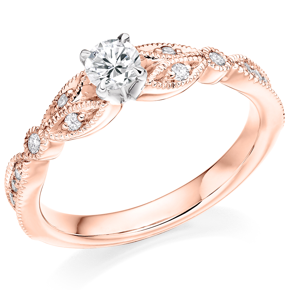 Image of Rose Gold Round Brilliant Solitaire with Diamond Set Shoulders Engagement Ring