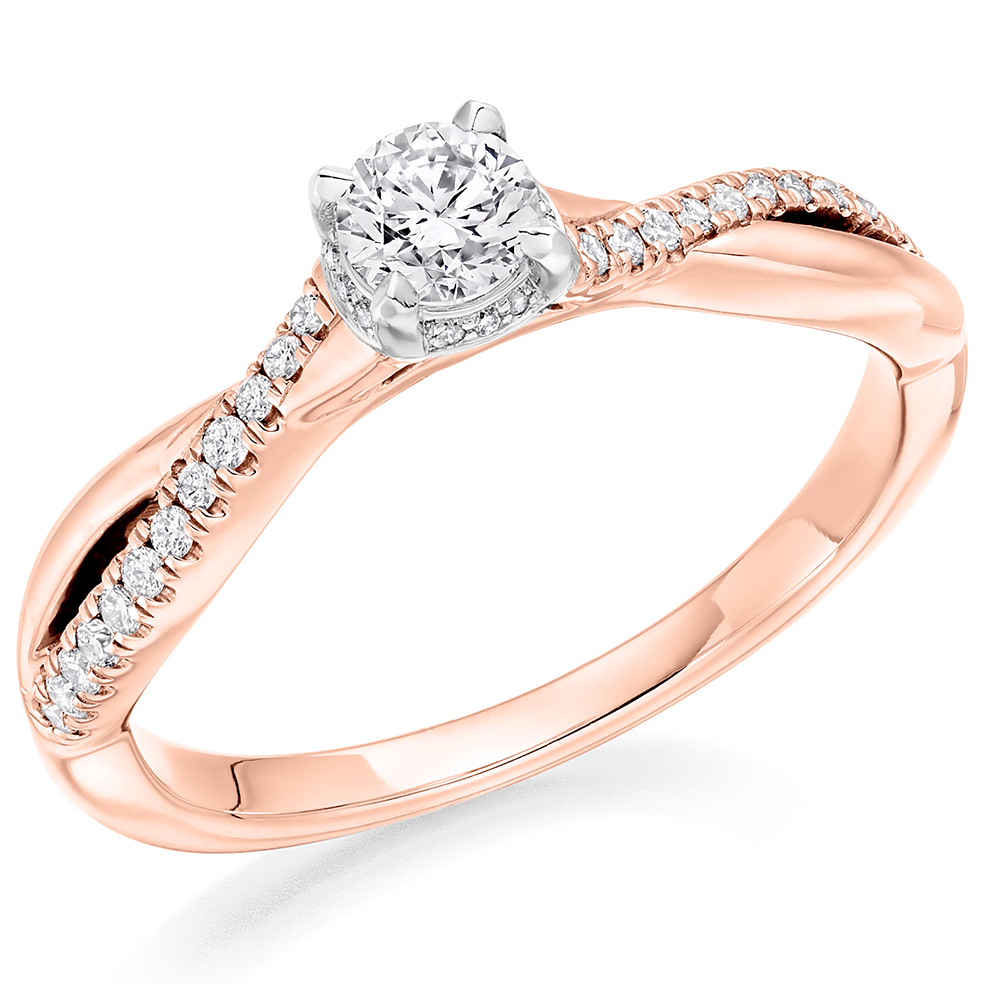 Image of Rose Gold Round Brilliant Solitaire with Diamond Set Shoulders Split Shoulders Engagement Ring