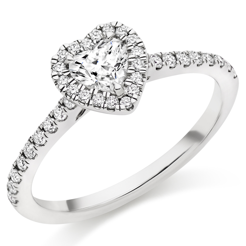 Image of Platinum Heart Cut Halo with Diamond Set Shoulders Engagement Ring