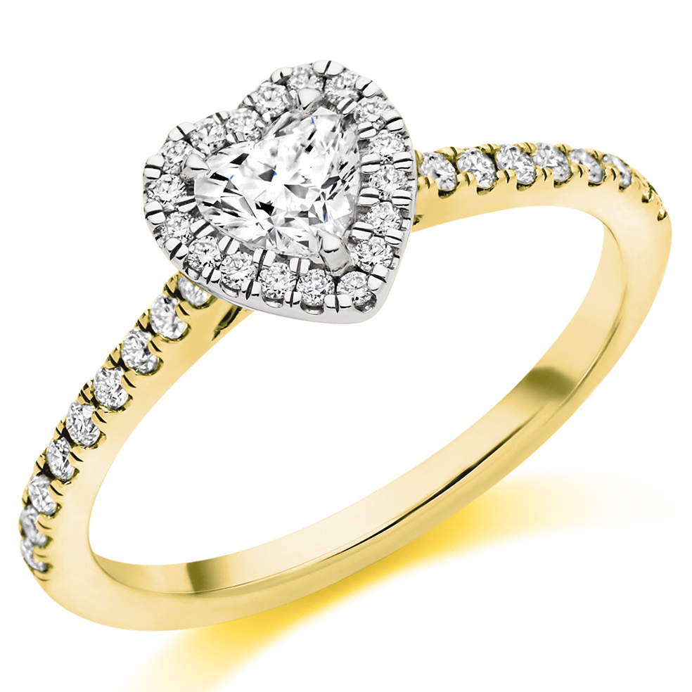 Image of Yellow Gold Heart Cut Halo with Diamond Set Shoulders Engagement Ring