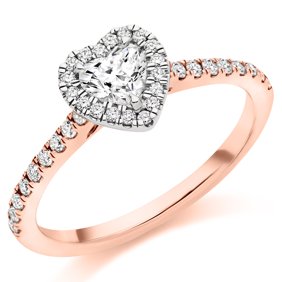 Image of Rose Gold Heart Cut Halo with Diamond Set Shoulders Engagement Ring