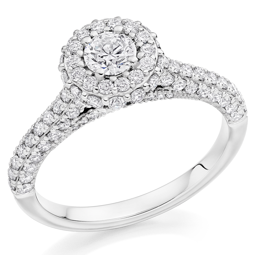 Image of Platinum Round Brilliant Halo with Diamond Set Shoulders Engagement Ring
