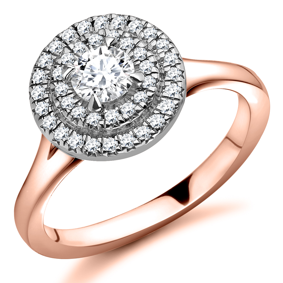 Image of Rose Gold Round Brilliant Halo with Plain Shoulders Split Shoulders Engagement Ring