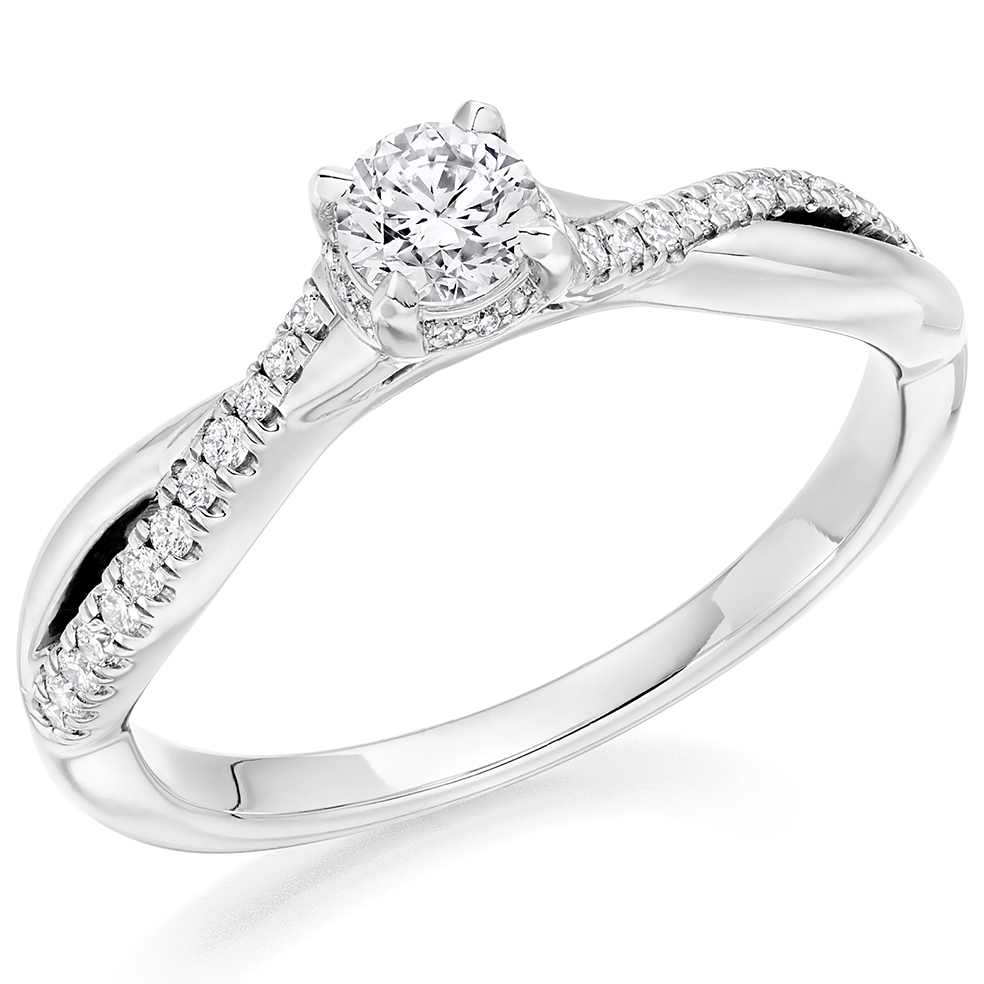 Image of Platinum Round Brilliant Solitaire with Diamond Set Shoulders Split Shoulders Engagement Ring