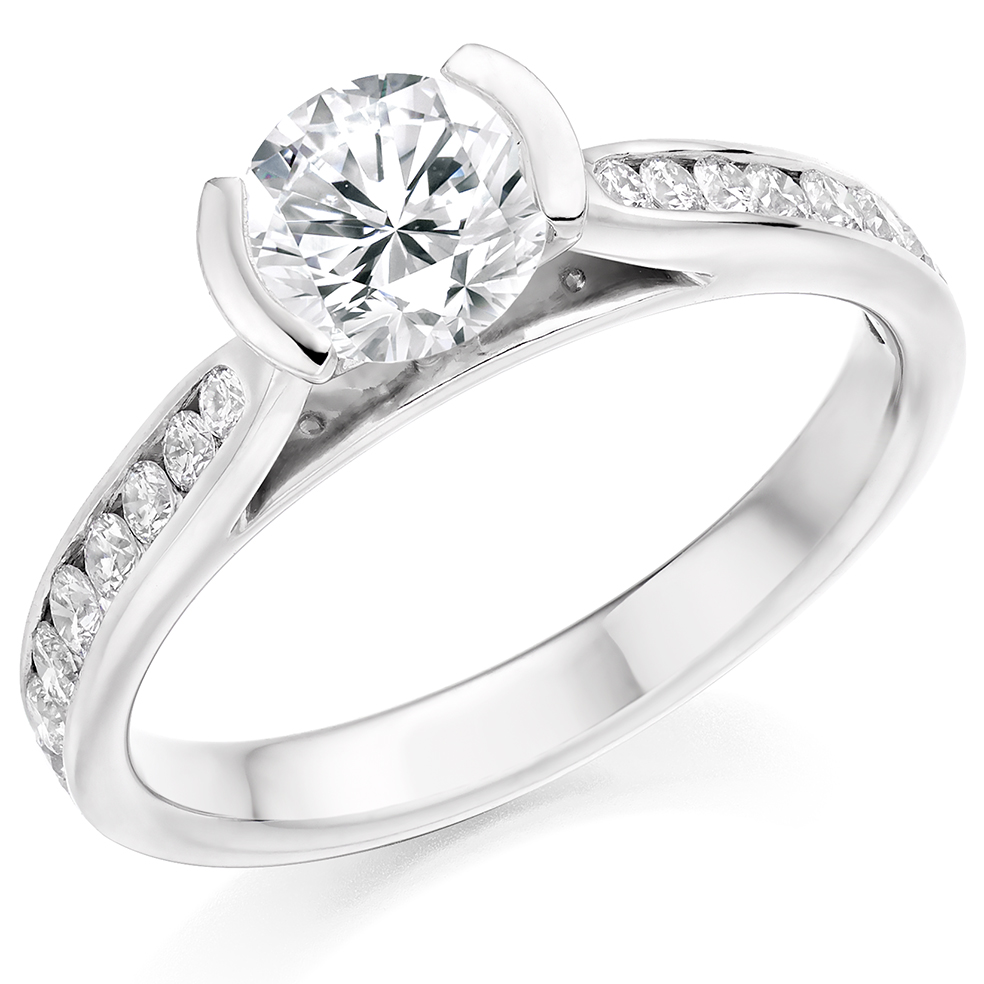 Image of Platinum Round Brilliant Solitaire with Diamond Set Shoulders Engagement Ring